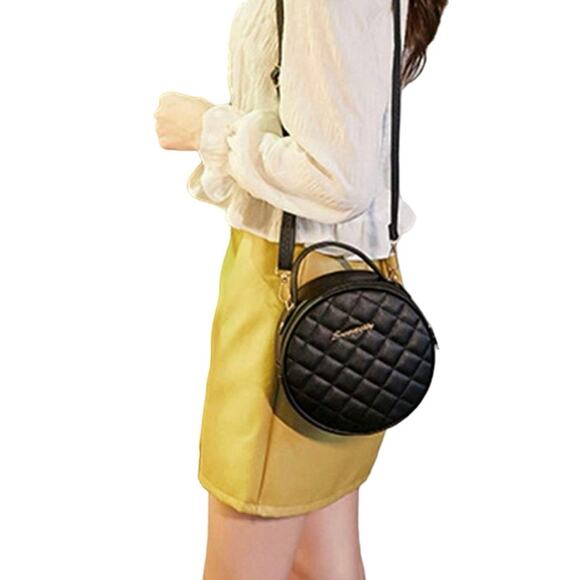 Quilted Faux Leather Top Handle Shoulder Crossbody Black Gold  Circle Handbag - Picture 5 of 5